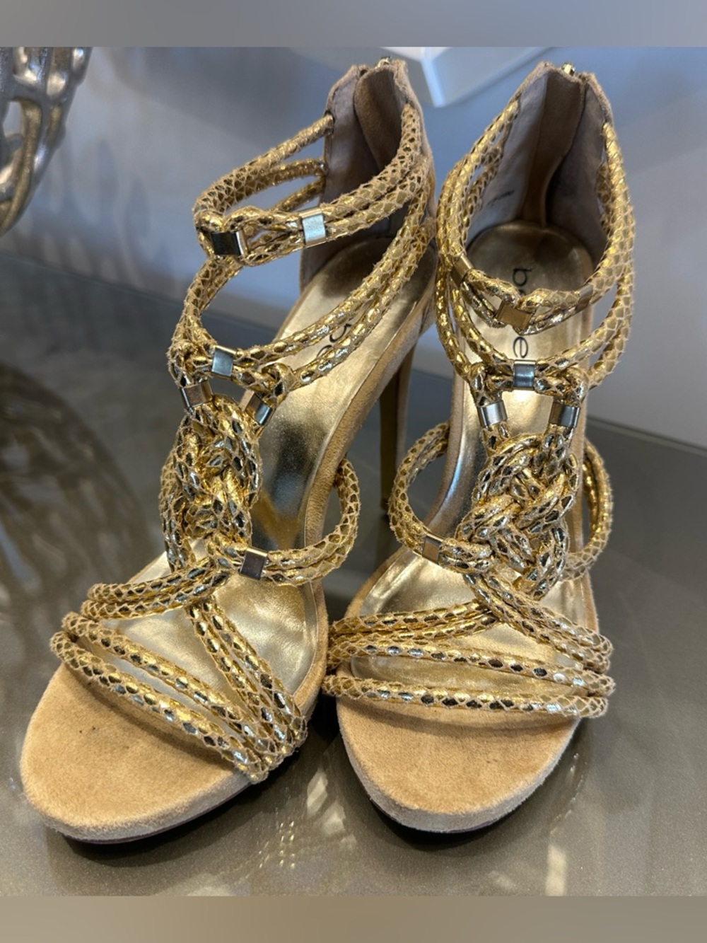 Bebe Y2K Sexy in the City Carry Bradshaw Gold Braided Strappy High Heel Sandals